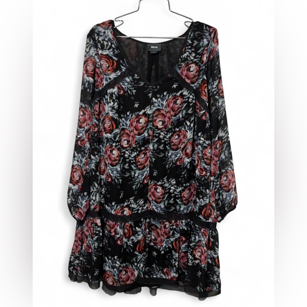 Anthropology Maeve Black and Pink Floral Long Sleeve Dress / Augusta Dress